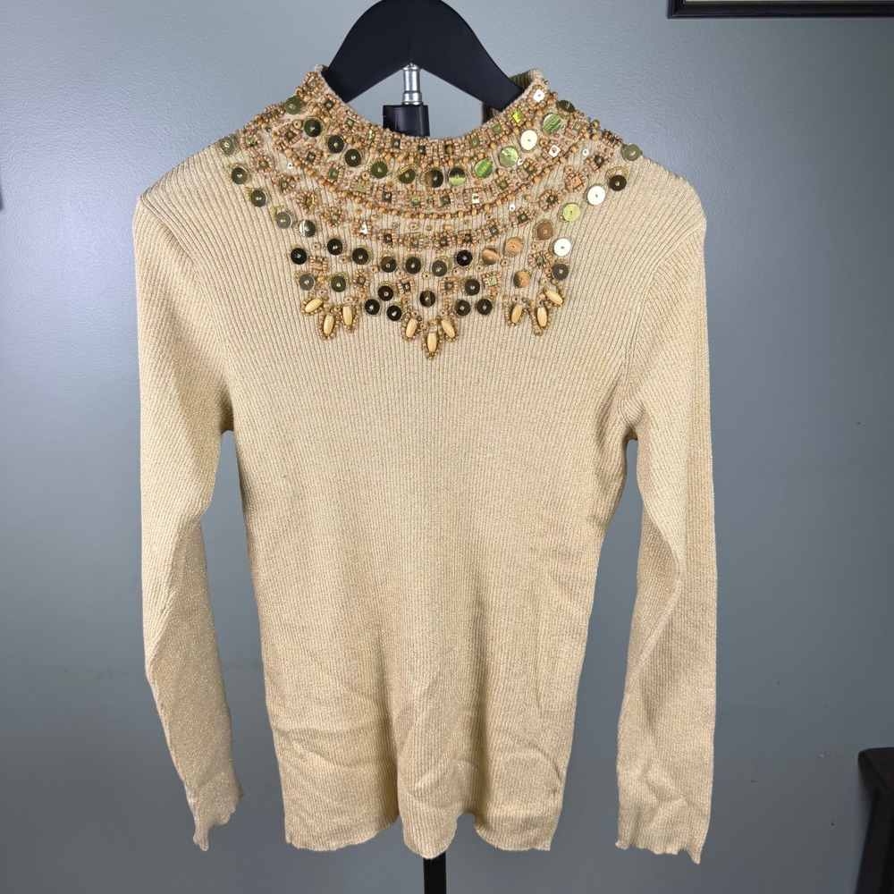 Once 1 Again Vintage Y2K Boho Women Mock Neck Beaded Sweater Gold Cotton Blend